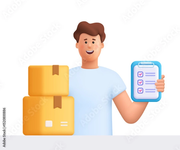 Obraz Young smiling man James with cardboard package box and holding clipboard with checklist. Safe delivery of goods concept. 3d vector people character. Cartoon minimal style.