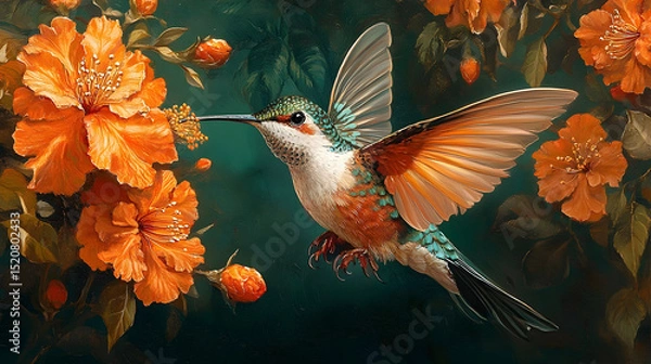 Obraz Detailed hummingbird amidst vibrant orange flowers.