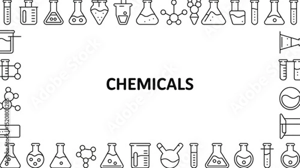 Fototapeta Illustration of various laboratory glassware and molecular structures framing the word chemicals