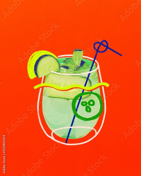 Fototapeta Abstract art work. Green-refreshing mojito. Green cocktail with cucumber, lemon and mint garnish in round glass on orange background. Concept of herbal summer beverage, celebration