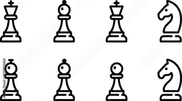 Fototapeta A set of simple line art icons depicting chess pieces including king queen bishop knight and pawn on white