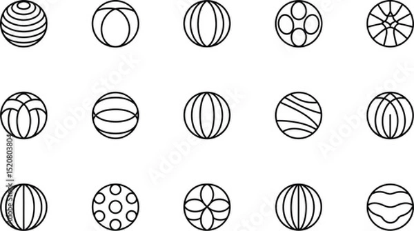 Fototapeta Collection of fifteen different round outlined shapes or balls with various patterns on a white background