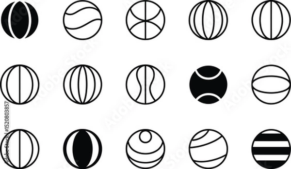 Fototapeta A collection of fifteen black and white ball icons with different line designs in a grid pattern