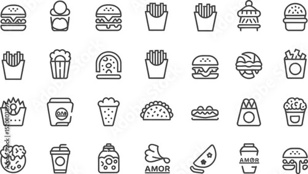 Fototapeta Collection of minimalist line art icons depicting various fast food items on a light gray background