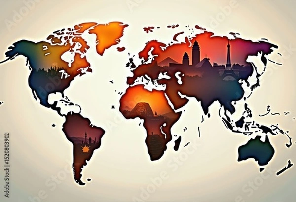 Fototapeta vibrant world map iconic landmarks colorful global geography design artistic representation, continent, culture, heritage, travel, landscape, exploration