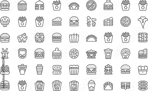 Fototapeta A collection of minimalist line art icons representing various fast food items on a light background