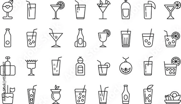 Fototapeta A collection of various outline style drink icons including cocktails, juices, and other beverage containers