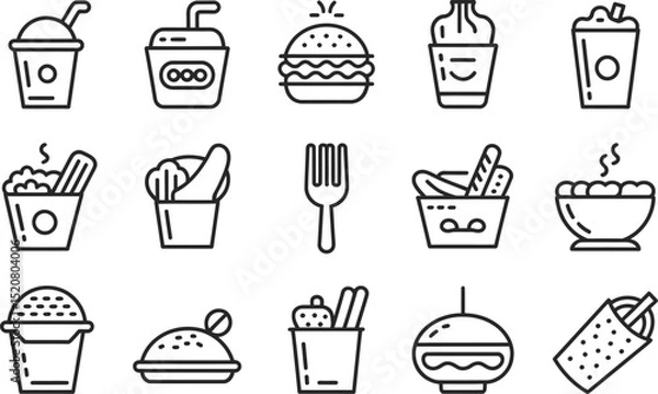 Obraz A set of simple line drawings depicting various fast food items and a fork in a minimalist style
