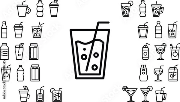 Fototapeta A collection of black and white line art icons featuring various types of drinks and beverage containers