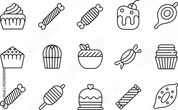 Fototapeta A collection of outlined sweets and desserts including cupcakes candies and cakes in a vector format