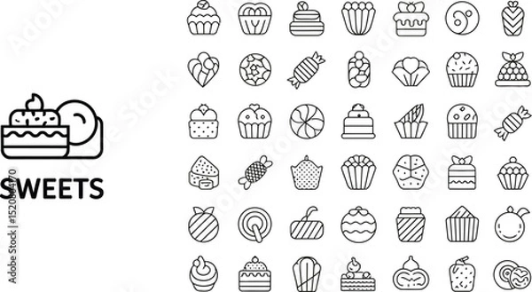 Fototapeta A collection of outlined sweets icons including cupcakes candies and cakes arranged on a light background