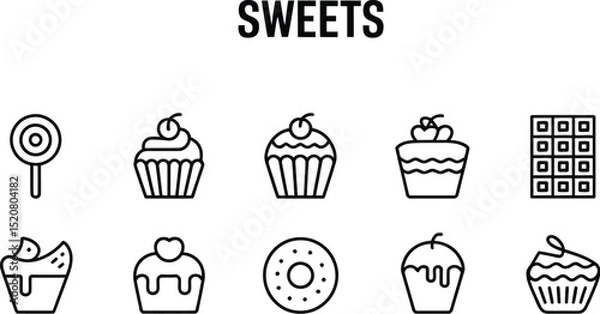 Fototapeta A collection of sweets icons including cupcakes, a donut, chocolate, and a lollipop on a light gray background