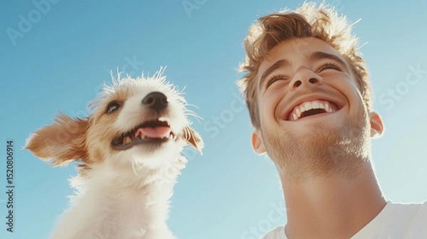 Fototapeta Young man playing with a puppy