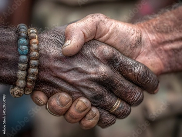 Fototapeta Diverse hands connect in a symbolic handshake representing unity, agreement, and human connection closeup.