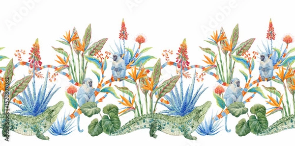 Fototapeta Horizontal Seamless watercolor pattern of tropical plants and monkeys, flowers, aloe, wild exotic blooms, and whimsical jungle vines. Perfect for wallpaper, textiles, and botanical-themed decor