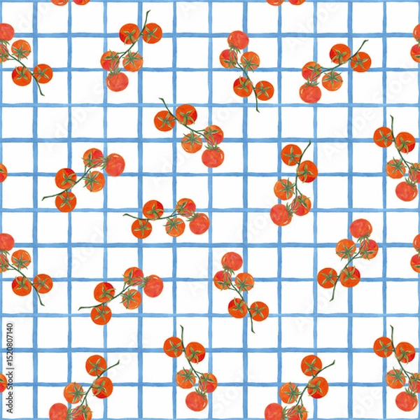 Fototapeta Seamless pattern with hand-painted tomatoes on a light blue striped background. Acrylic style, perfect for textiles, wallpaper, packaging, and summer-themed designs.