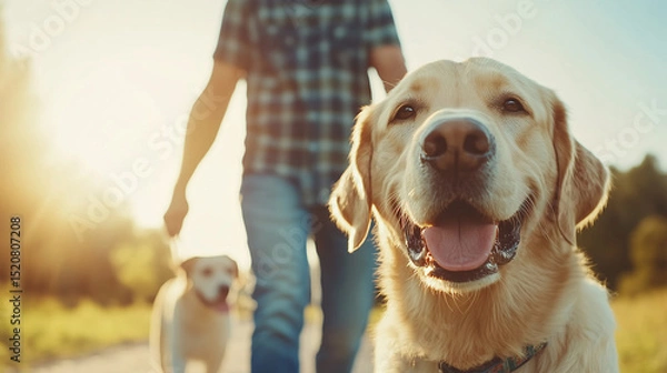 Fototapeta Labrador dogs playing with a man looking adorable and playful