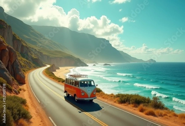 Fototapeta vintage van scenic coastal highway landscape ocean view road trip journey countryside adventure, input, optimization, term, phrase, expression