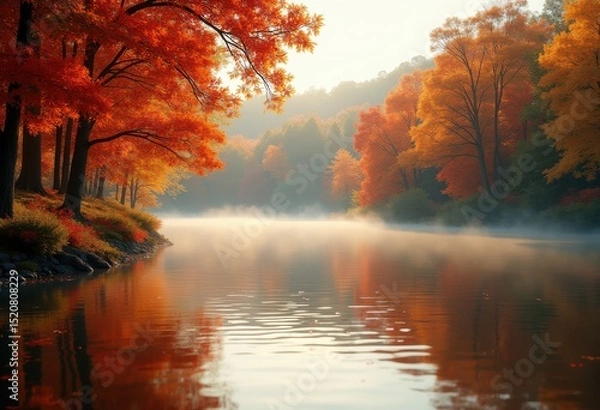 Fototapeta vivid autumn foliage reflections over tranquil lake shore colorful leaves scenic landscape, water, forest, tree, nature, fall, ripples, vista, panorama