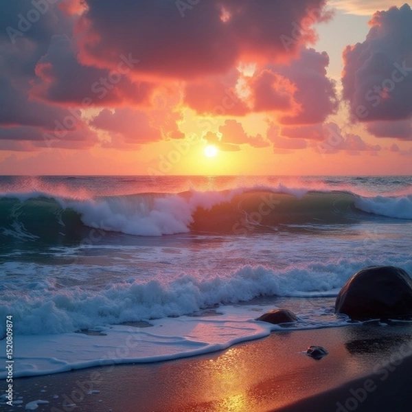 Fototapeta vivid sunset over crashing ocean waves dramatic seascape sky colors surf relaxation serenity, coastline, nature, beach, reflection, dusk, water, rocks, foam