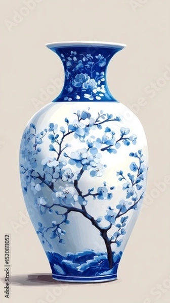 Fototapeta A large, brightly colored blue and white porcelain vase with a plum blossom pattern. 