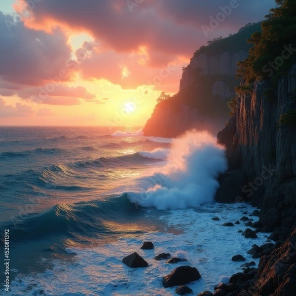 Fototapeta waves crashing rugged cliffside vivid sunset coastal landscape dynamic seascape, shore, water, rocky, ocean, rock, horizon, evening, view, nature, gradient