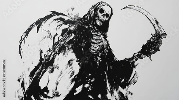 Fototapeta A black and white ink drawing character, in horror comic style, featuring the Grim Reaper. Death with a hood and scythe. 