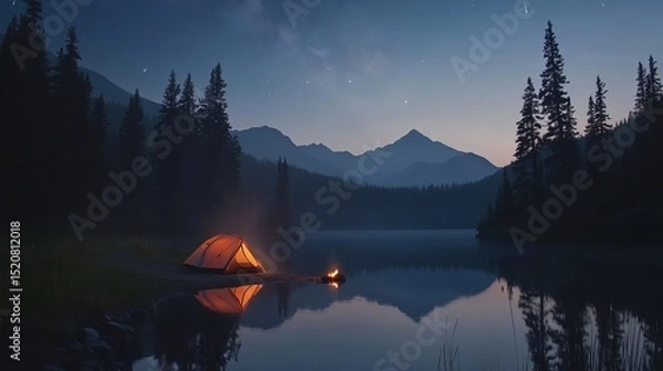 Fototapeta Beautiful night nature with fog, comfortable backpacking and camping scenery with bonfires and tents in mountains and valley lakes in deep forests, and wood fires burning in an emotional atmosphere. 