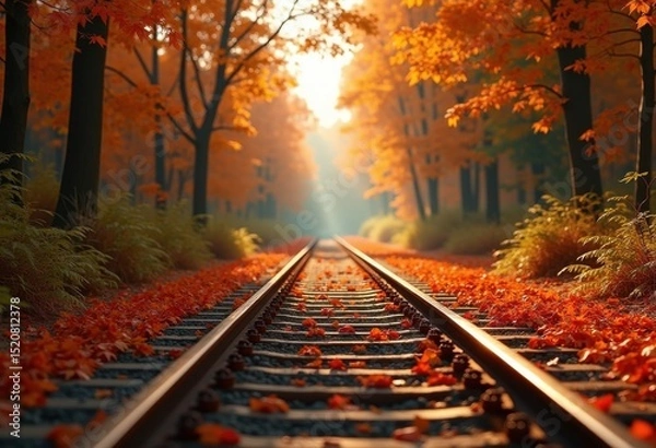 Fototapeta weathered train tracks surrounded vibrant autumn foliage colorful leaves textured rust rustic nature scene, leaf, wood, railway, grass, forest, shrub