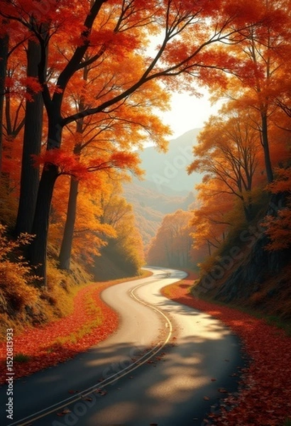 Fototapeta winding road autumn foliage scenic drive colorful leaves nature landscape, trees, curve, pathway, highway, woodland, forest, scenery, route, tranquil, park