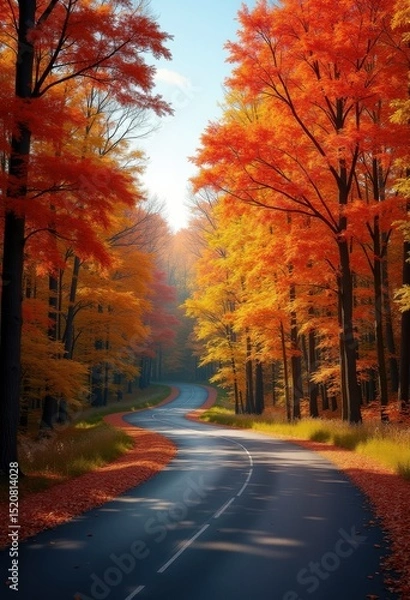 Fototapeta winding road autumn forest scenery vibrant foliage scenic route nature pathway colors, trees, leaves, walkway, landscape, crossroad, sunset, sky, curve