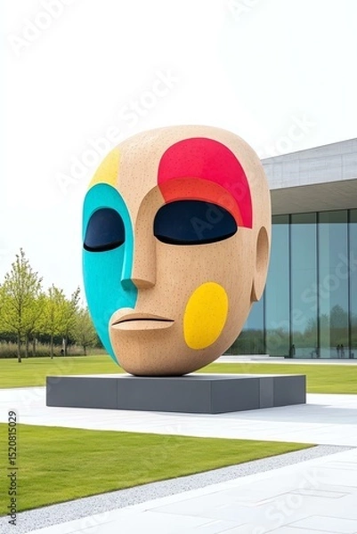 Fototapeta An abstract sculpture of a face featuring vibrant colors, symbolizing creativity and expression. The artwork stands prominently in a modern outdoor setting.
