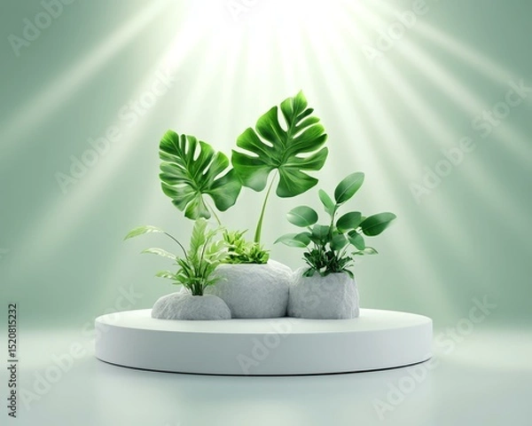 Obraz A captivating arrangement of lush green plants displayed on a minimalistic pedestal, illuminated by soft rays of light, creating a serene atmosphere.