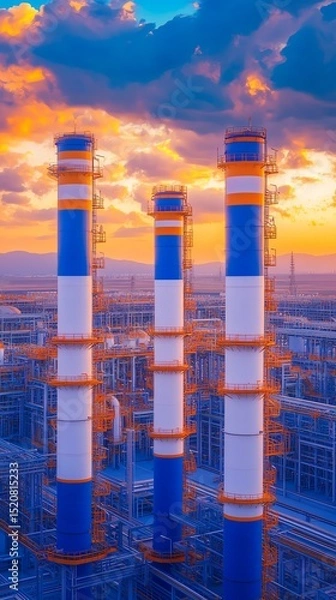 Fototapeta Vibrant sunset illuminating industrial smokestacks, highlighting the intersection of nature and technology in a modern landscape.
