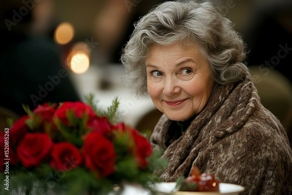 Fototapeta A charming older woman smiles warmly at a festive gathering, surrounded by beautiful red roses. Her joyful expression radiates warmth and connection.