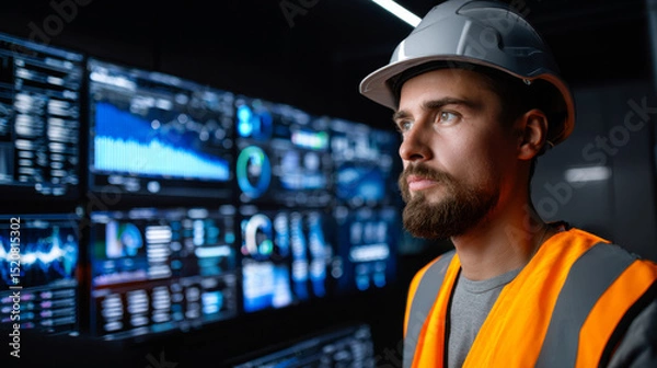 Fototapeta Technician hard hat and safety vest monitors real time industrial data multiple screens, showcasing advanced technology