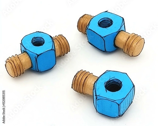 Fototapeta A creative illustration of three blue nuts with wooden screws, showcasing innovative design and engineering concepts for various technical applications.