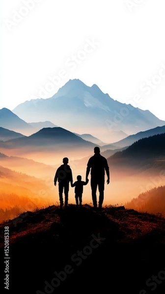 Fototapeta A family of three enjoys a serene moment together in nature, gazing at stunning mountains and experiencing the beauty of the great outdoors.