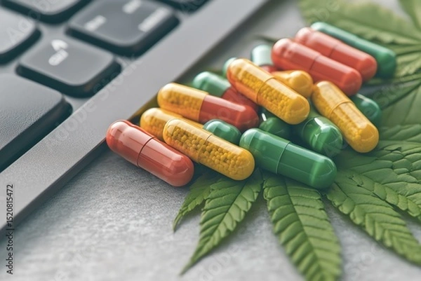 Fototapeta A vibrant assortment of herbal capsules resting on fresh cannabis leaves beside a modern keyboard, symbolizing the intersection of nature and technology.