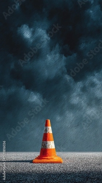Fototapeta One traffic cone standing alone, emphasizing caution, alertness, and minimal composition.