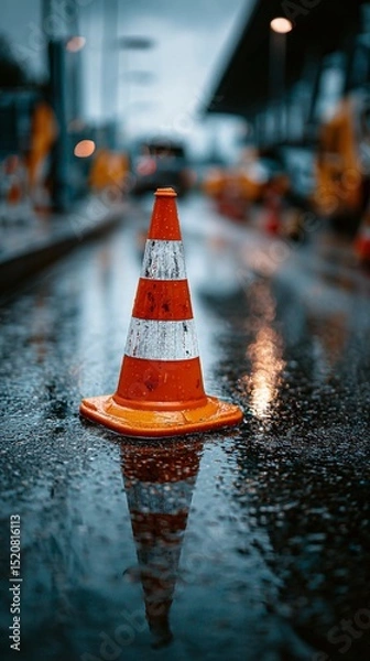 Fototapeta One traffic cone standing alone, emphasizing caution, alertness, and minimal composition.