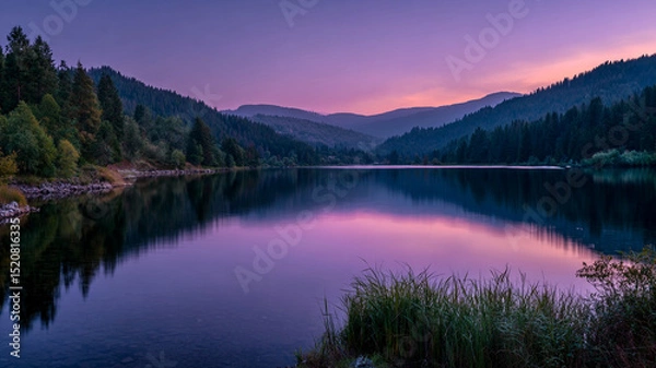Fototapeta Tranquil mountain lake at dusk reflects serene colors of sunset, surrounded by lush forests and rolling hills. calm water mirrors vibrant sky, creating peaceful atmosphere
