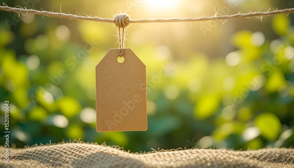 Fototapeta Blank paper price tag with string on a wooden background for sale, gift, or business