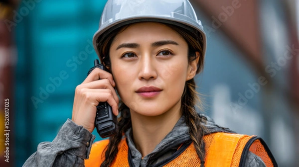 Fototapeta Female engineer safety helmet and vest communicates via radio, showcasing confidence and professionalism work environment