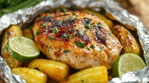 Fototapeta Grilled chicken breast with roasted potatoes and lime in foil packet for outdoor cooking