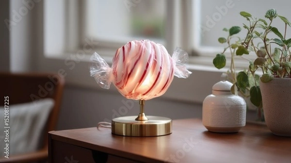 Fototapeta Candy-inspired lamp on wooden desk with plants in cozy room setting