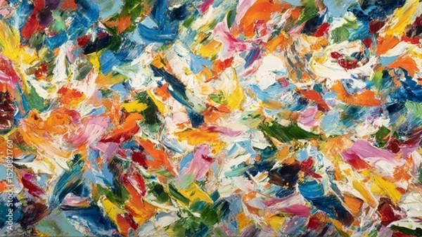 Obraz Abstract expressionist painting with chaotic energy, vibrant brushstrokes, and dynamic color splashes creating intense and lively visual experience full of movement and texture