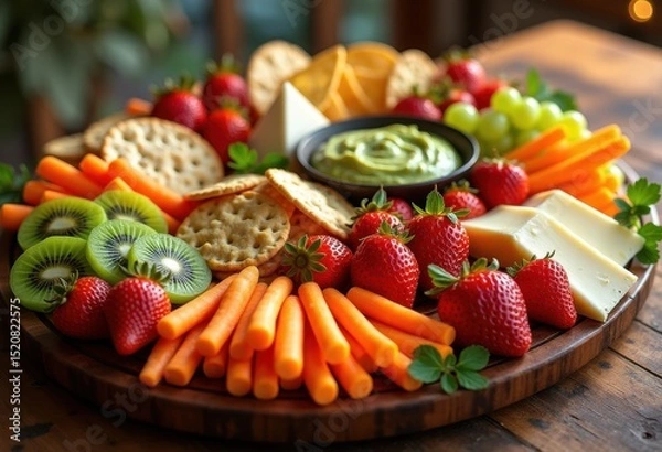 Fototapeta vibrantly colorful snack platter assorted dips veggies fruits crackers cheese chips fresh herbs, variety, appetizer, textures, presentation, spread, party