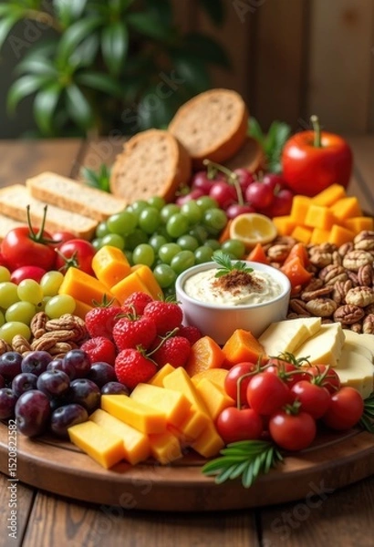 Fototapeta vibrantly colorful snack board array assorted finger foods including breads, input, cheese, fruit, vegetable, dip, nut, platter, appetizer, variety