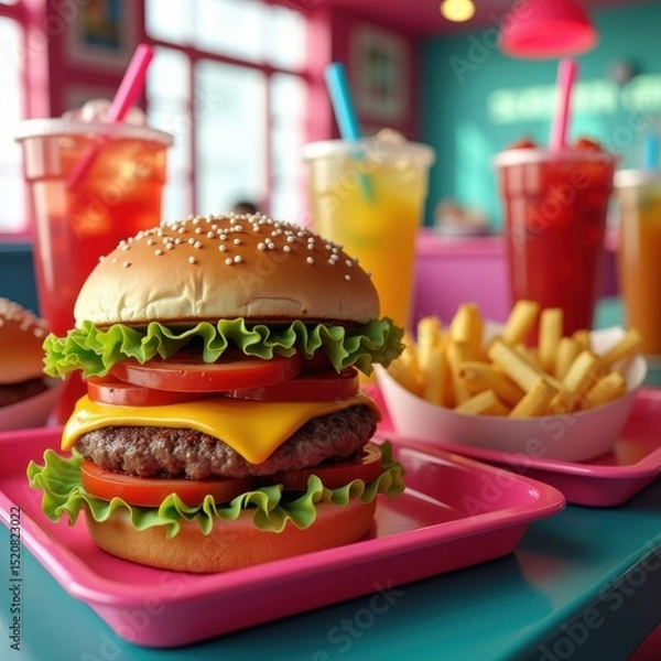 Fototapeta visually stacked fast food items colorful trays burger fries drinks delightful arrangement, sandwich, pizza, nuggets, wraps, salad, dessert, vegetable